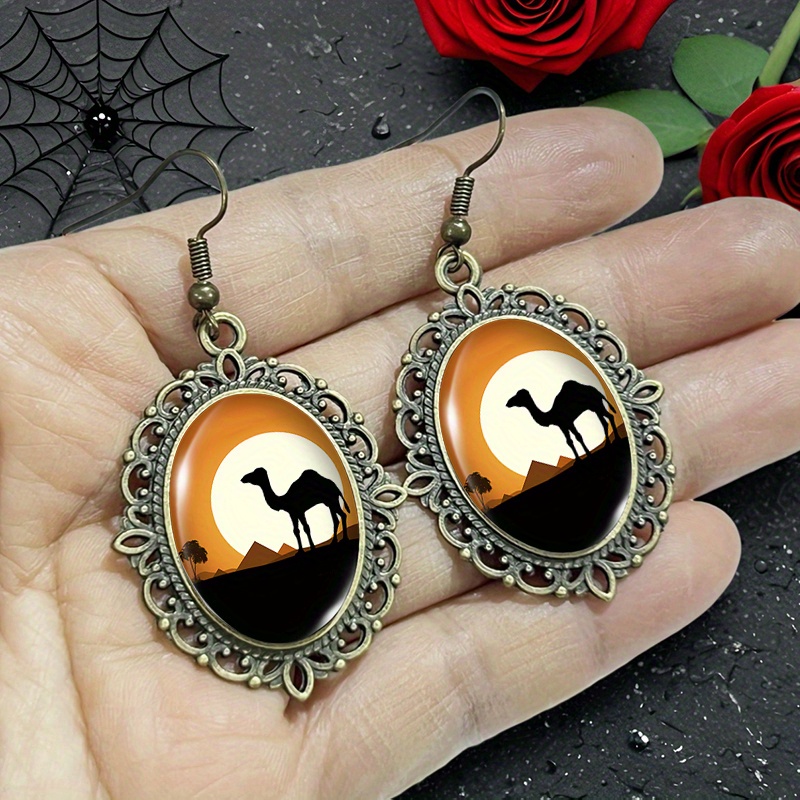 Camel Pyramid Desert Sunset Landscape Glass Dangle Earrings